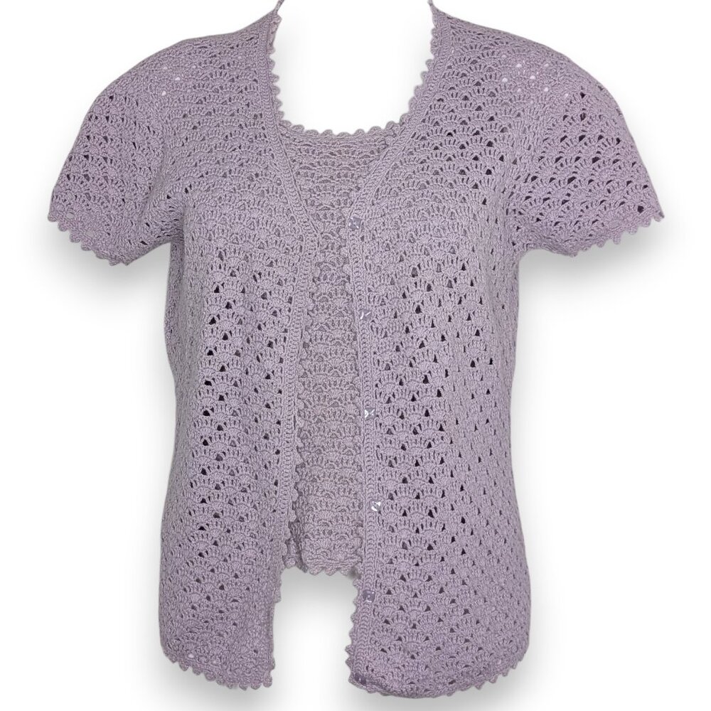 VTG Lilac Soft Purple Two Piece Crochet Tank Top and Short Sleeve Cardigan